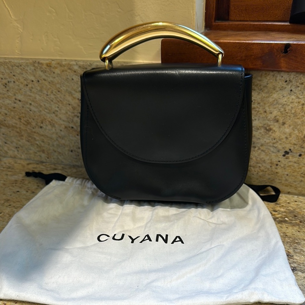 Cuyana Black Leather Handbag with Gold Handle